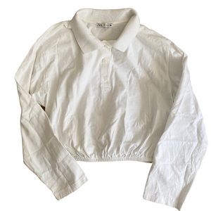 Zara White Cotton Cropped Polo Long Sleeve Size M